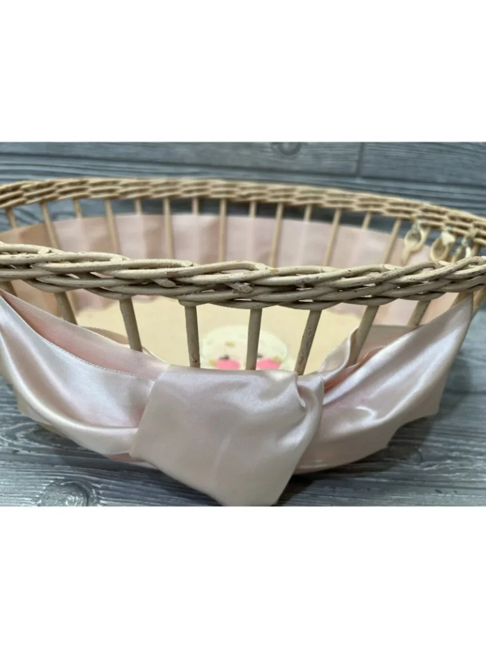 Vintage Oval Basket Tray Hand Painted Retro Baby Girl Pink Ribbon OOAK